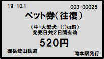御岳登山鉄道 ペット券往復(中・大型犬)520円